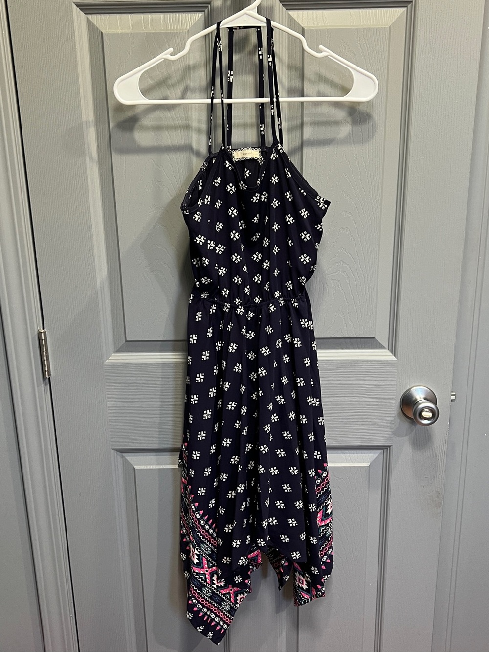 Soprano Navy Halter Midi Dress with Pink Border Accents